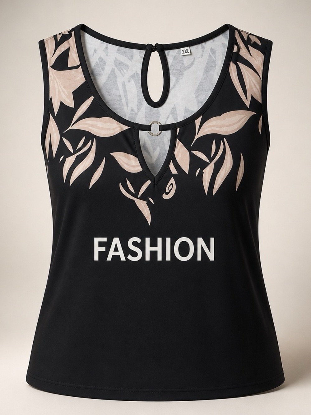 Black Sleeveless 2XL Dress with Beige Leaf Print - Picture 2 of 4